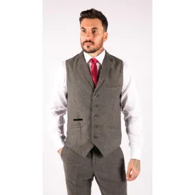 Mens Waistcoat Wool Herringbone Tweed Dark Grey Formal Classic 1920s Tailored