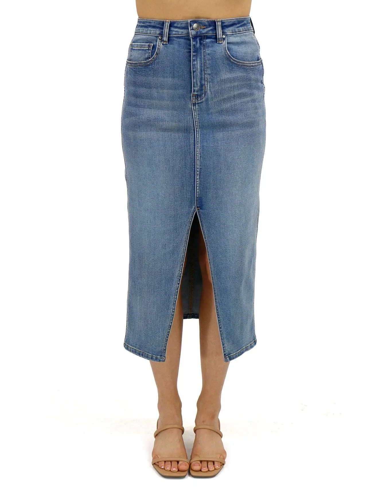 Mid-Wash Denim Midi Skirt