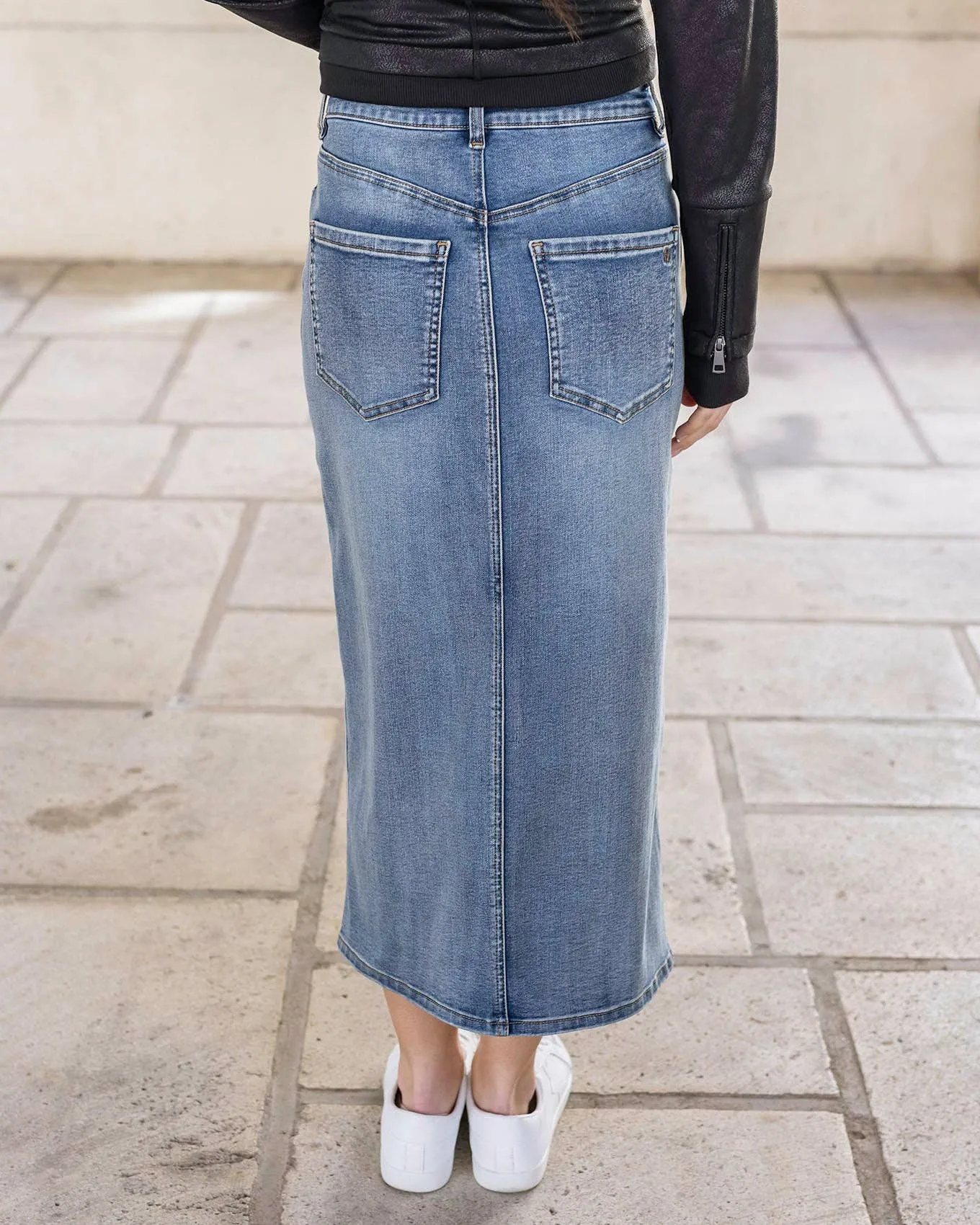 Mid-Wash Denim Midi Skirt