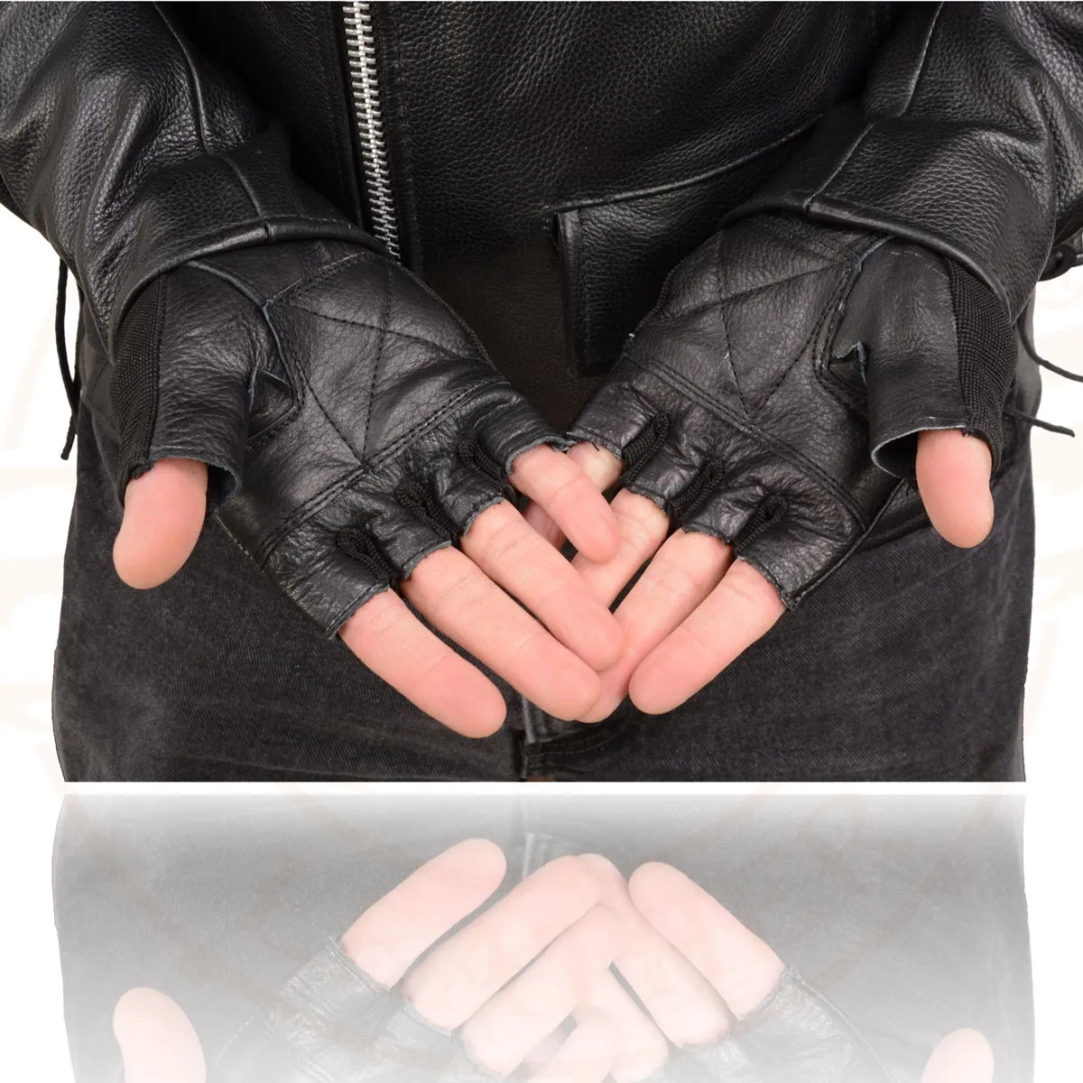 Milwaukee Leather MG7562 Men's Black Leather and Spandex Gel Padded Palm Fingerless Motorcycle Hand Gloves W/ Mesh Material