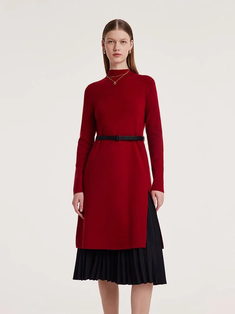 Mock Neck Long Sweater And Pleated Skirt Two-Piece Set