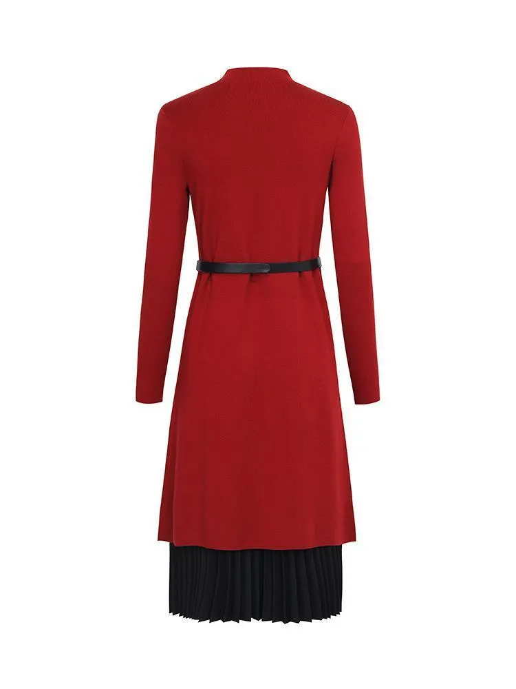 Mock Neck Long Sweater And Pleated Skirt Two-Piece Set