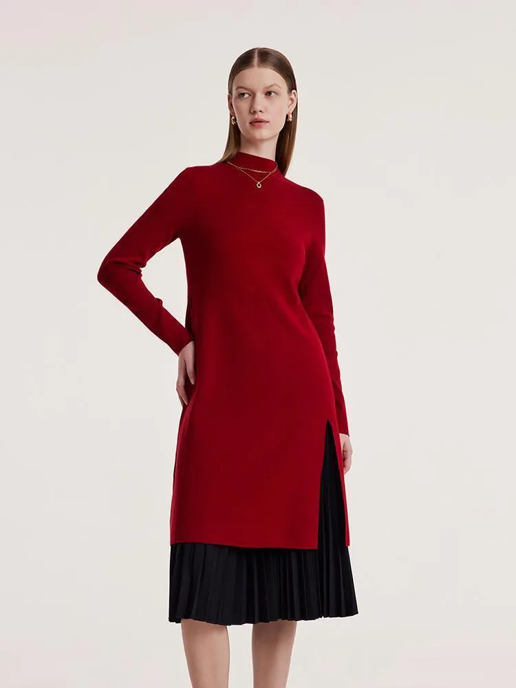 Mock Neck Long Sweater And Pleated Skirt Two-Piece Set