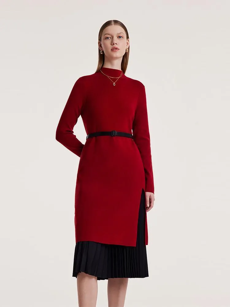 Mock Neck Long Sweater And Pleated Skirt Two-Piece Set