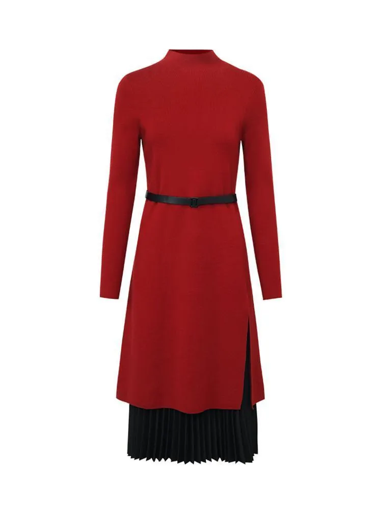 Mock Neck Long Sweater And Pleated Skirt Two-Piece Set