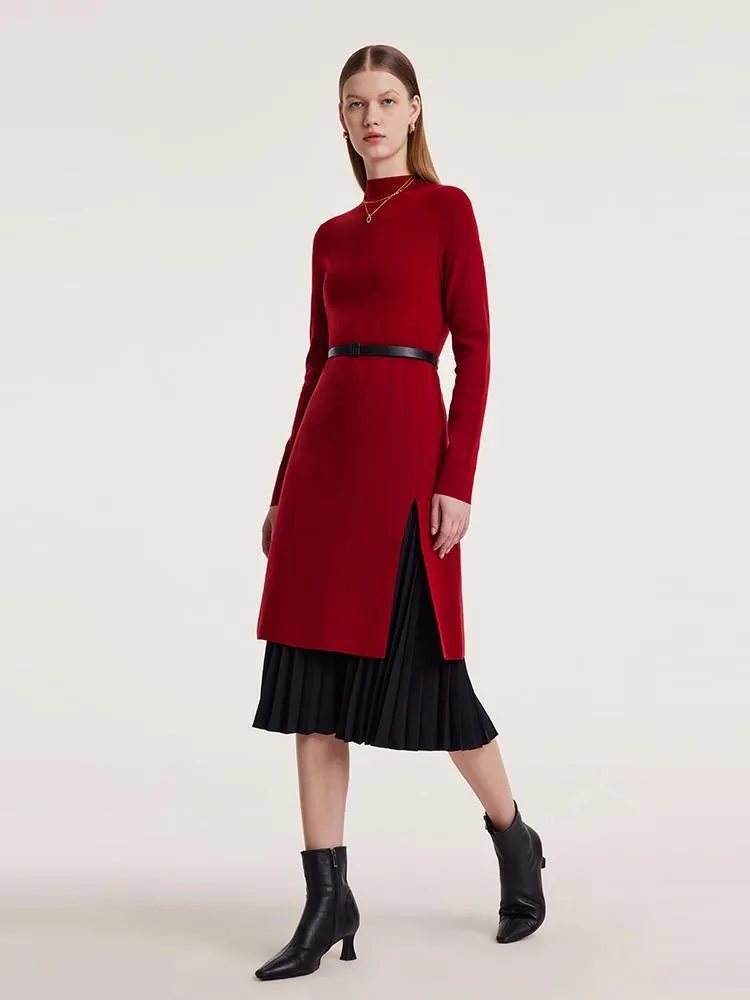 Mock Neck Long Sweater And Pleated Skirt Two-Piece Set