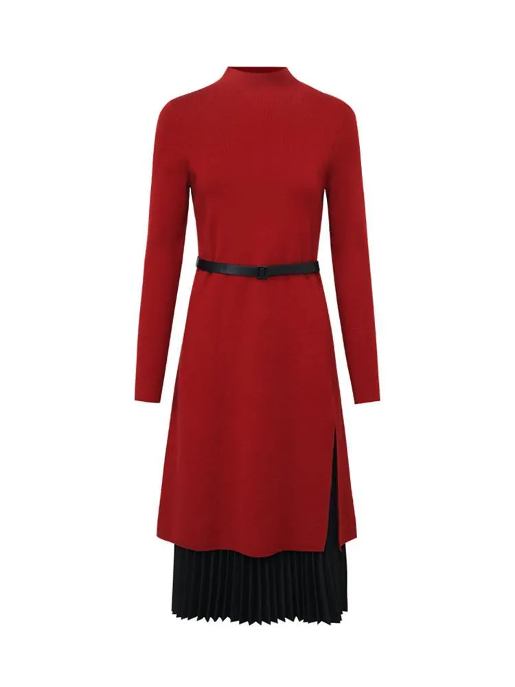 Mock Neck Long Sweater And Wool Pleated Skirt Two-Piece Set