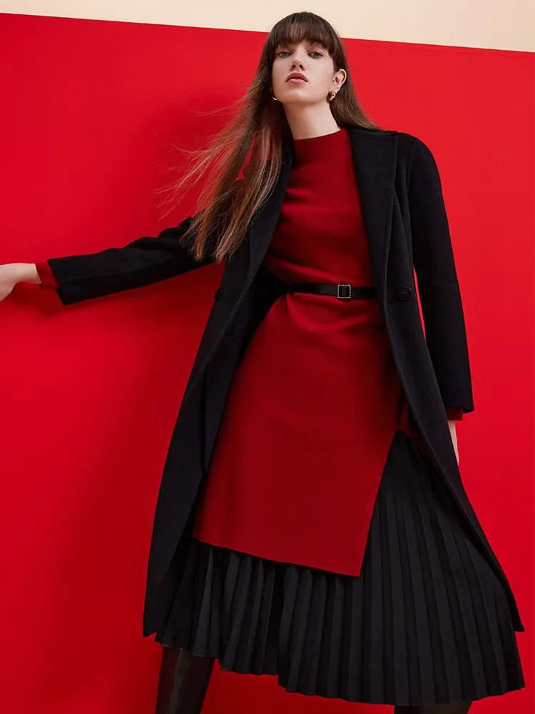 Mock Neck Long Sweater And Wool Pleated Skirt Two-Piece Set