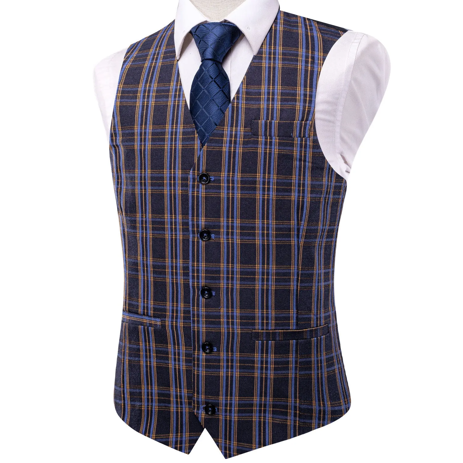 Navy Blue Yellow Plaid Silk Men's Single Vest Waistcoat