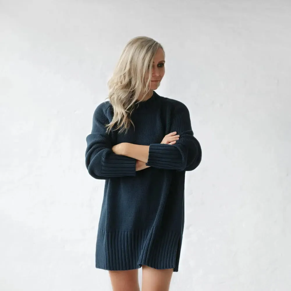 Navy recycled cotton crew neck sweater by Seaside Tones