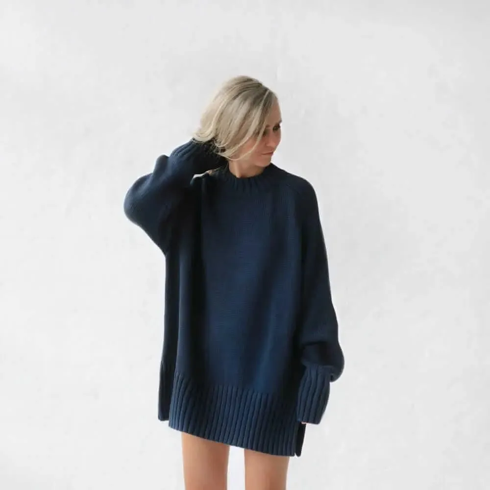 Navy recycled cotton crew neck sweater by Seaside Tones