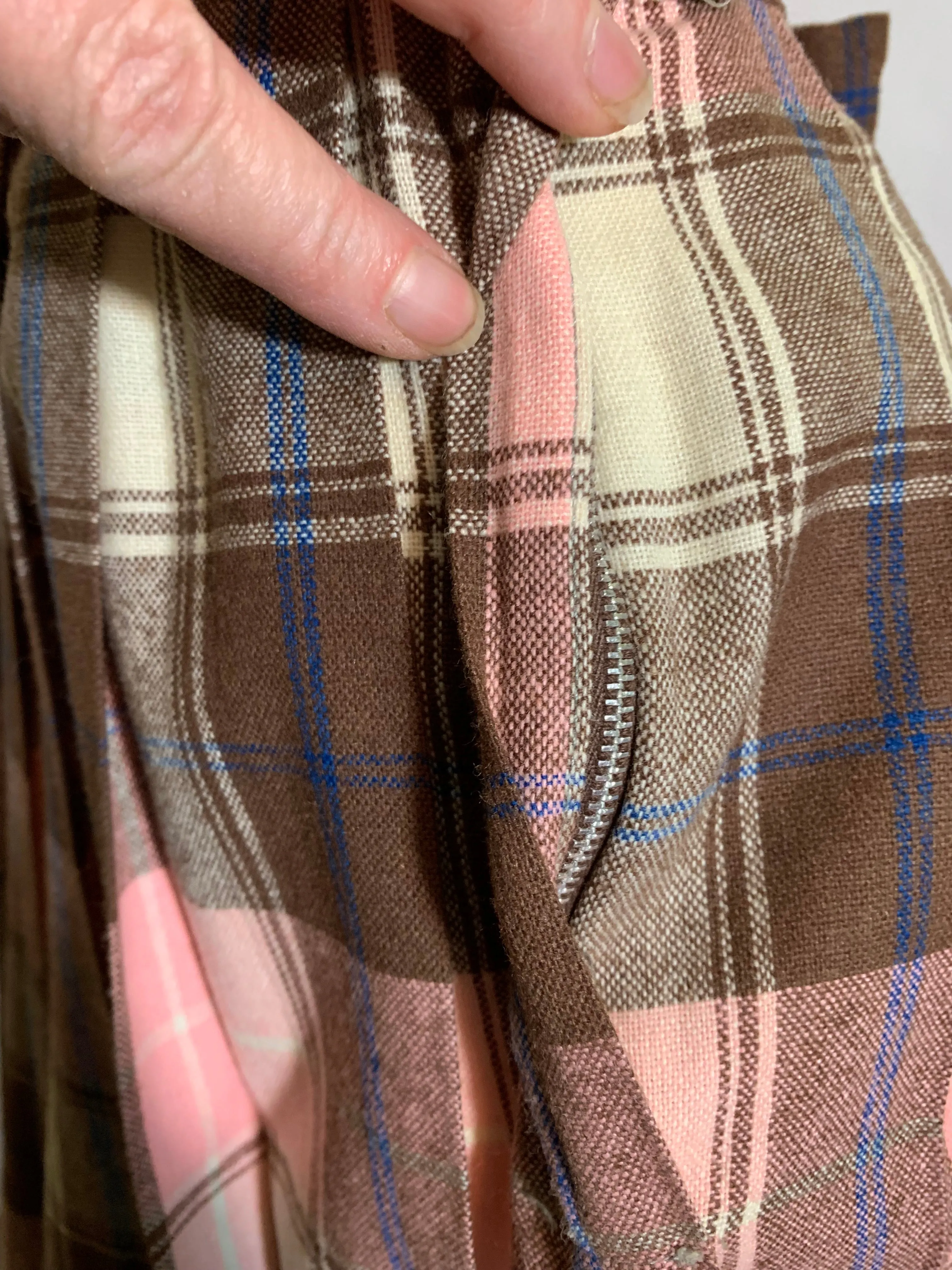 Neapolitan Pink, Vanilla & Brown Plaid Pleated Wool Skirt circa 1940s