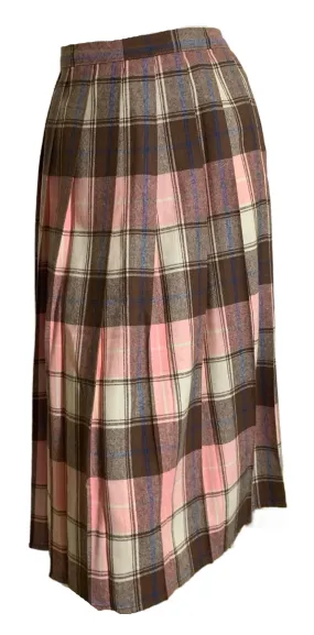 Neapolitan Pink, Vanilla & Brown Plaid Pleated Wool Skirt circa 1940s