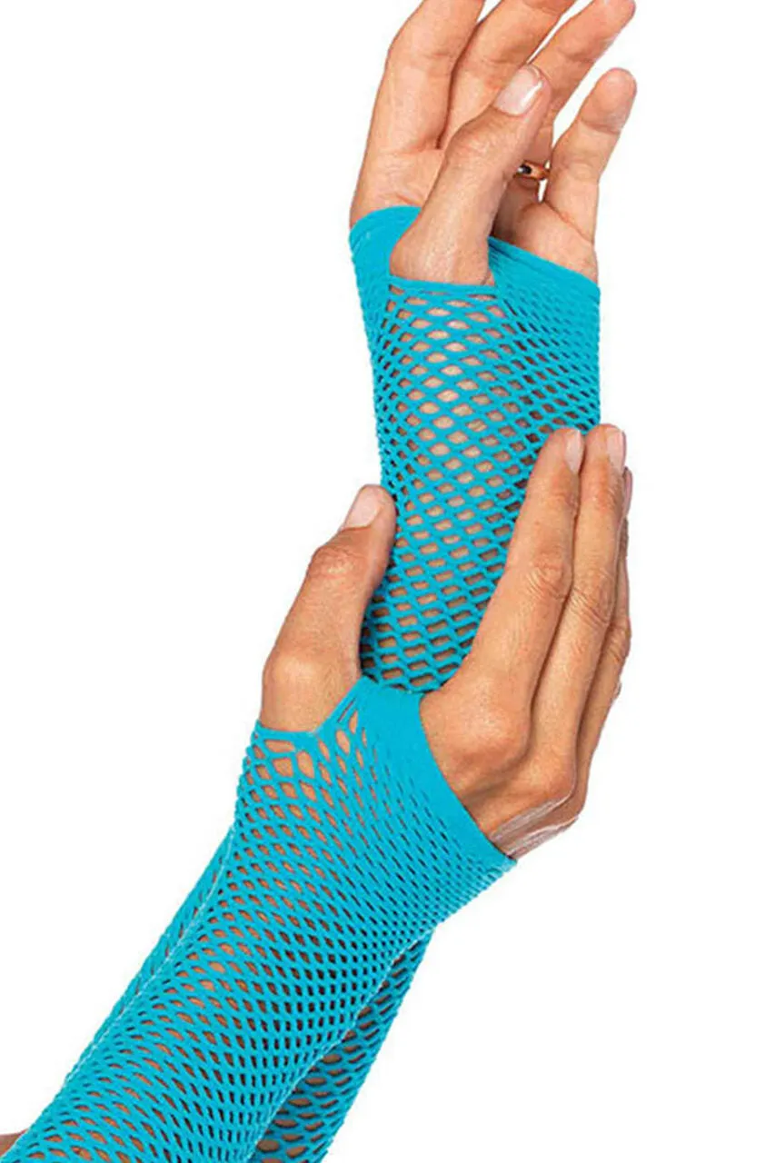 Neon Blue Triangle Net Fingerless Gloves