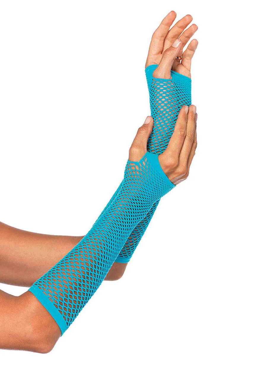 Neon Blue Triangle Net Fingerless Gloves