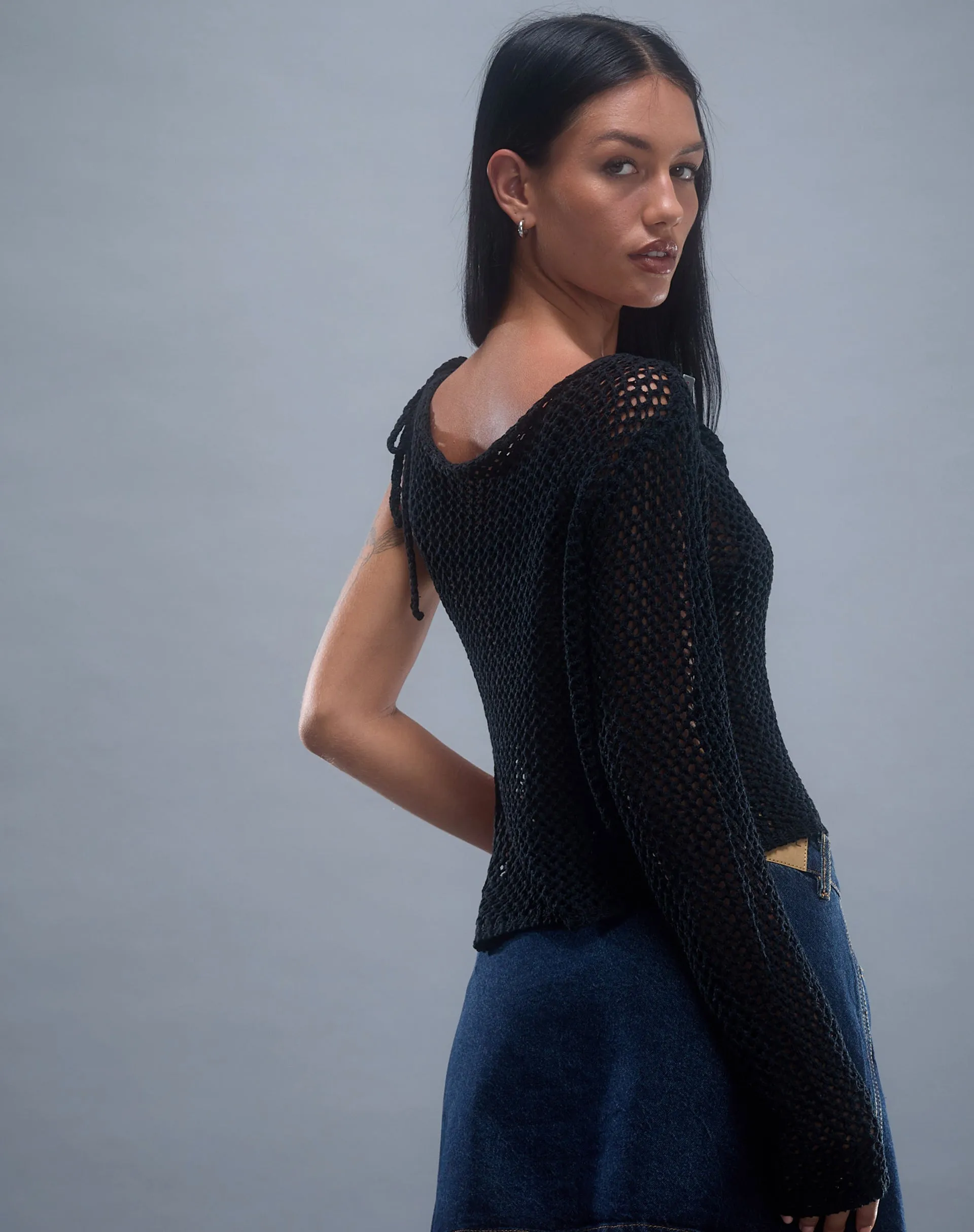 Nung Open Knit Asymmetric Top in Black