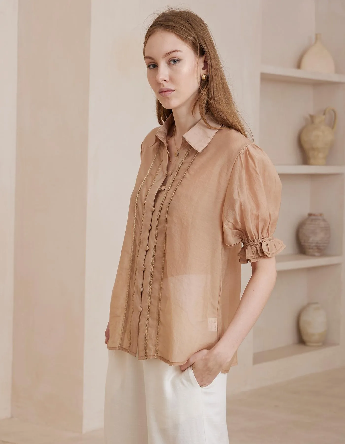 Orlyn Short Sleeve Button Front Blouse in Caramel