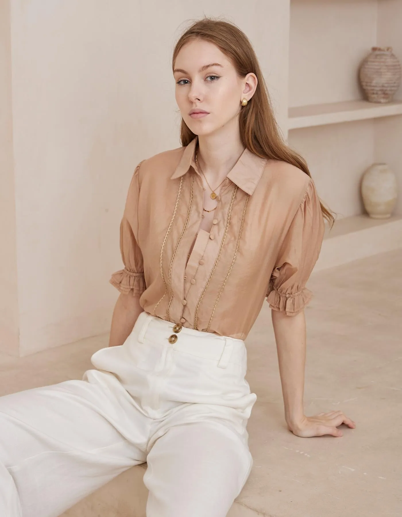 Orlyn Short Sleeve Button Front Blouse in Caramel