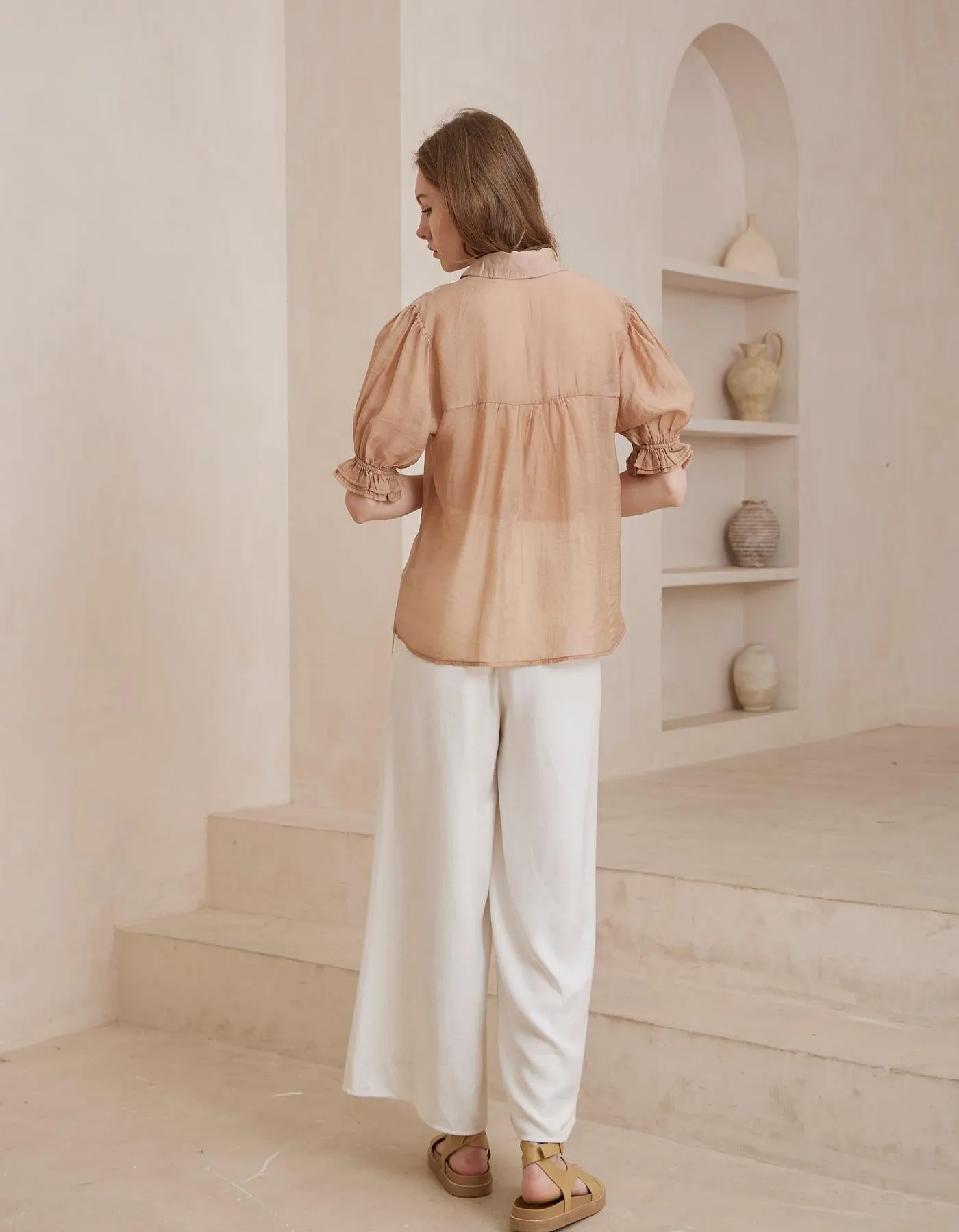 Orlyn Short Sleeve Button Front Blouse in Caramel