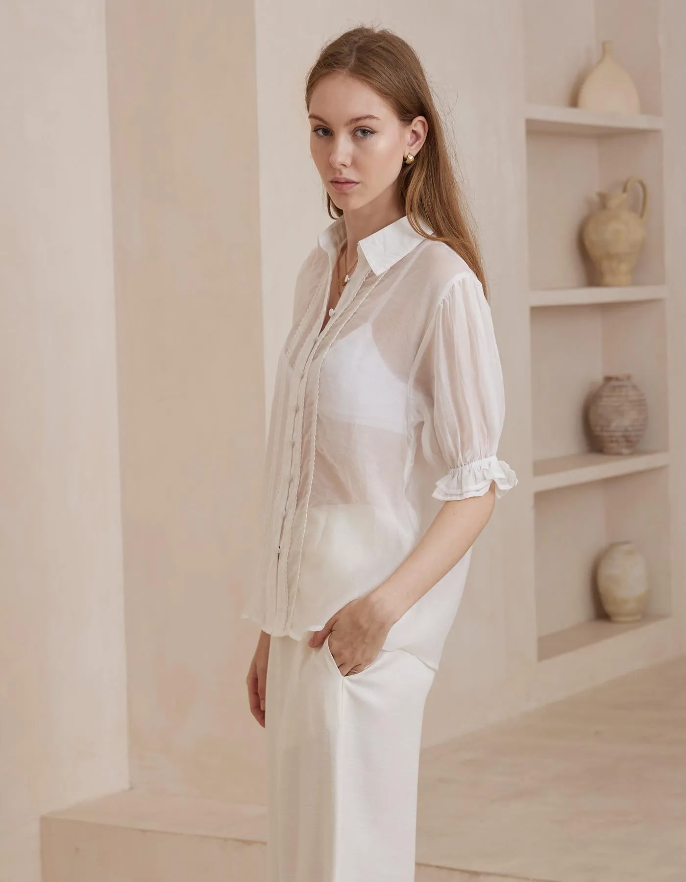 Orlyn Short Sleeve Button Front Blouse in White