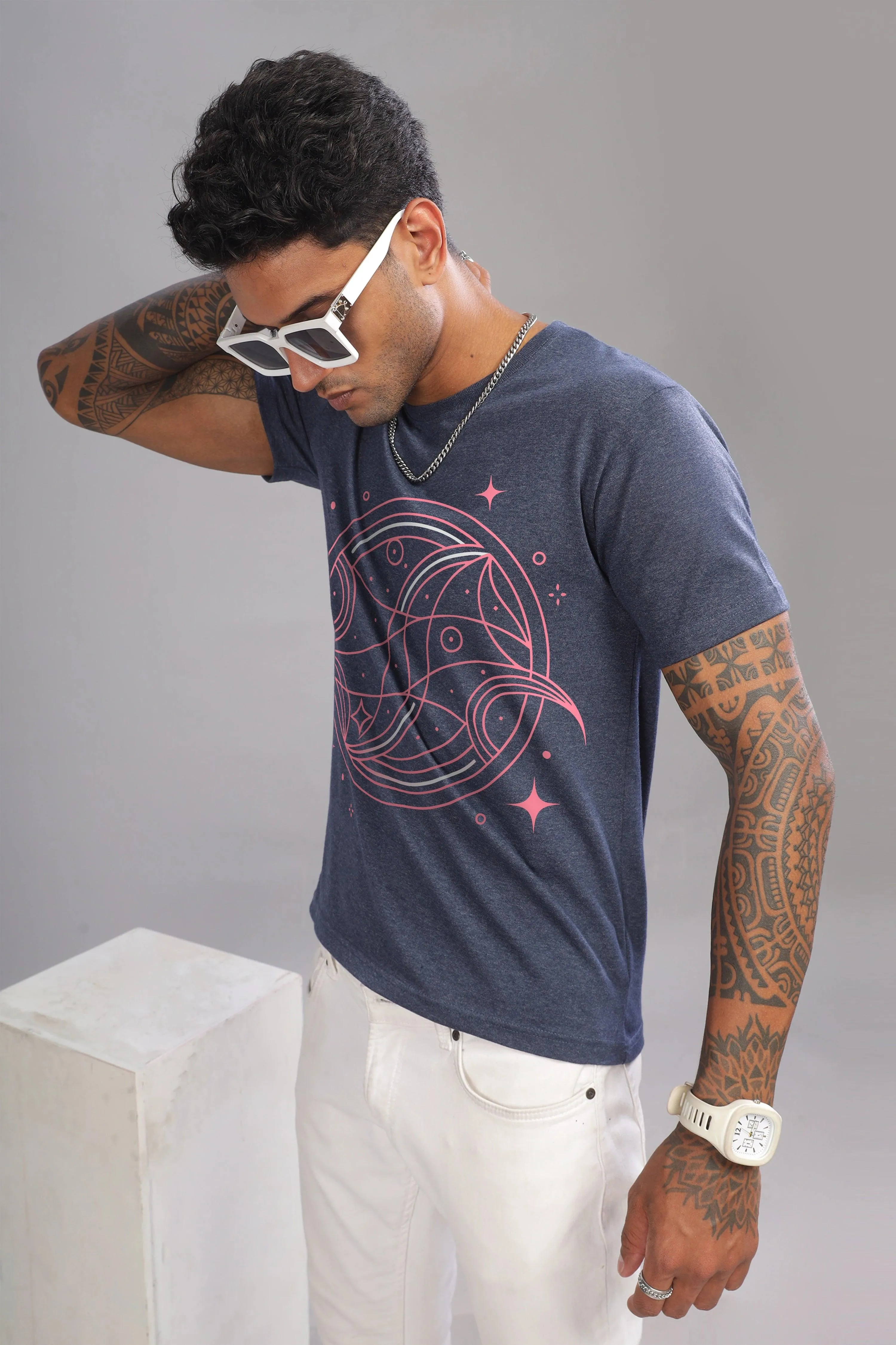 Peaceful Piscean Denim Blue Half Sleeve Printed Round Neck T-Shirt