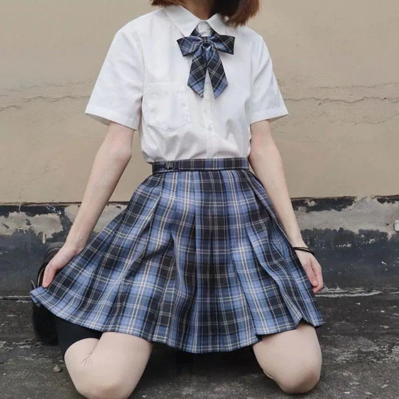 Pleated Kawaii Plaid Skirt   Short Sleeve Shirt