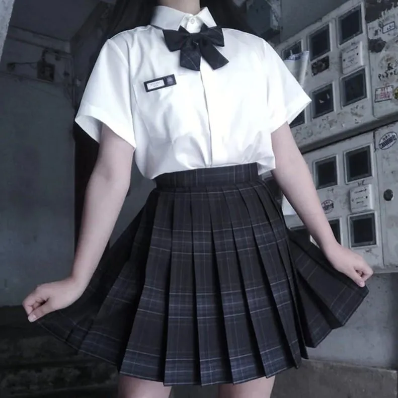 Pleated Kawaii Plaid Skirt   Short Sleeve Shirt