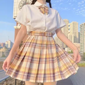 Pleated Kawaii Plaid Skirt   Short Sleeve Shirt