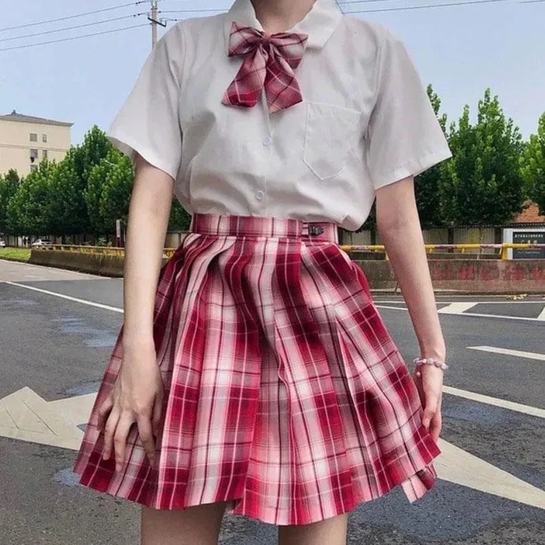 Pleated Kawaii Plaid Skirt   Short Sleeve Shirt