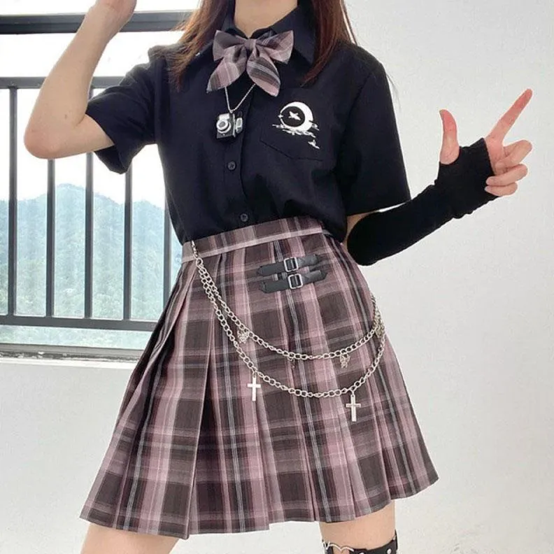 Pleated Kawaii Plaid Skirt   Short Sleeve Shirt