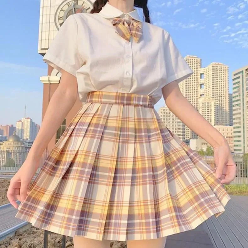 Pleated Kawaii Plaid Skirt   Short Sleeve Shirt