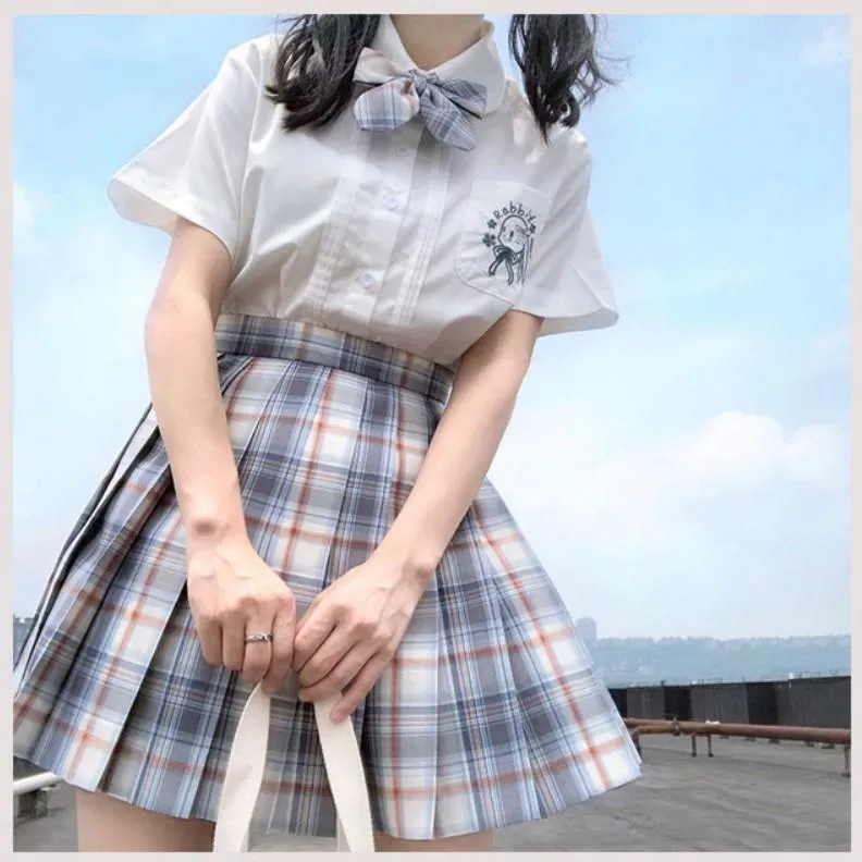 Pleated Kawaii Plaid Skirt   Short Sleeve Shirt