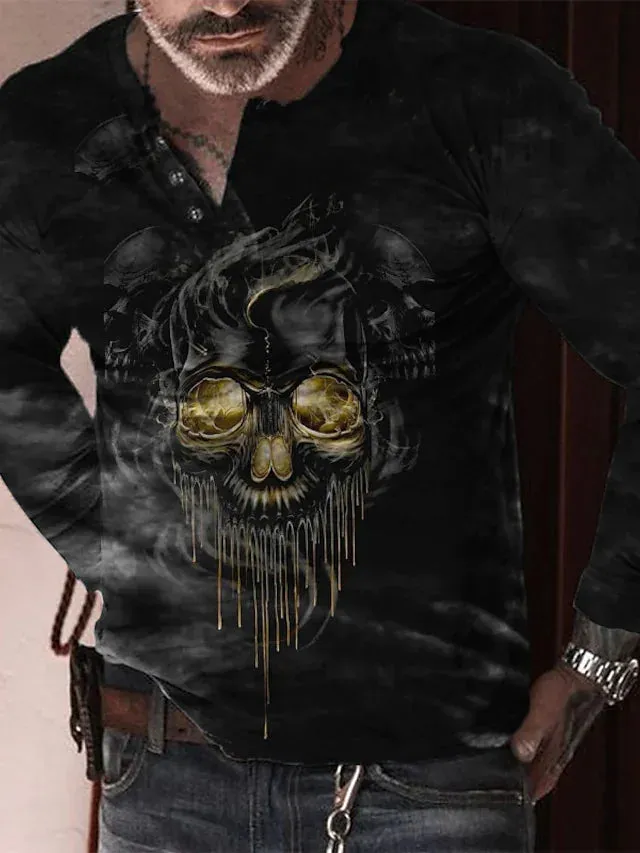 Plus Size T shirt Tee Big and Tall Skull Henley Long Sleeve Spring & Fall Basic Sports Designer Breathable Outdoor Street Tops