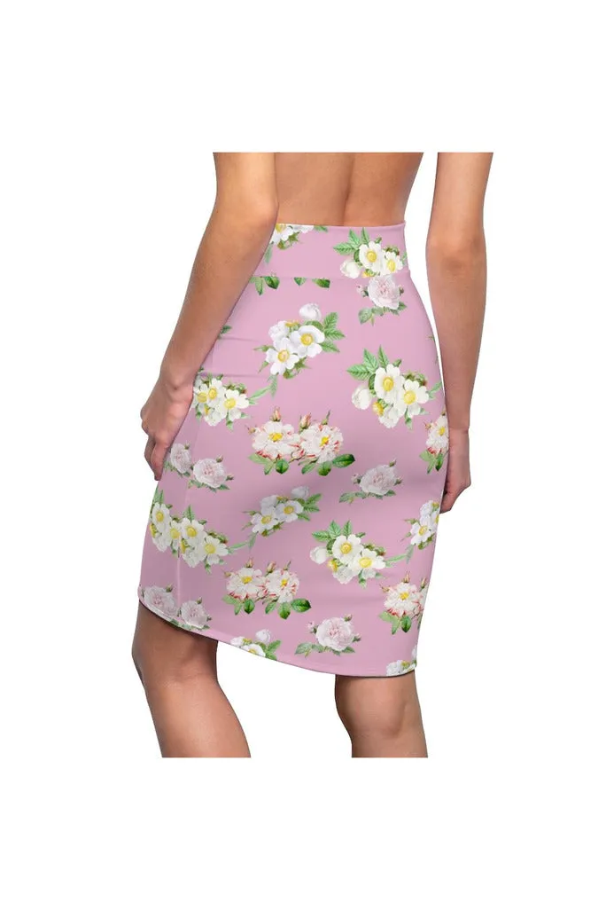 Pressed Rose Floral Print Women's Pencil Skirt