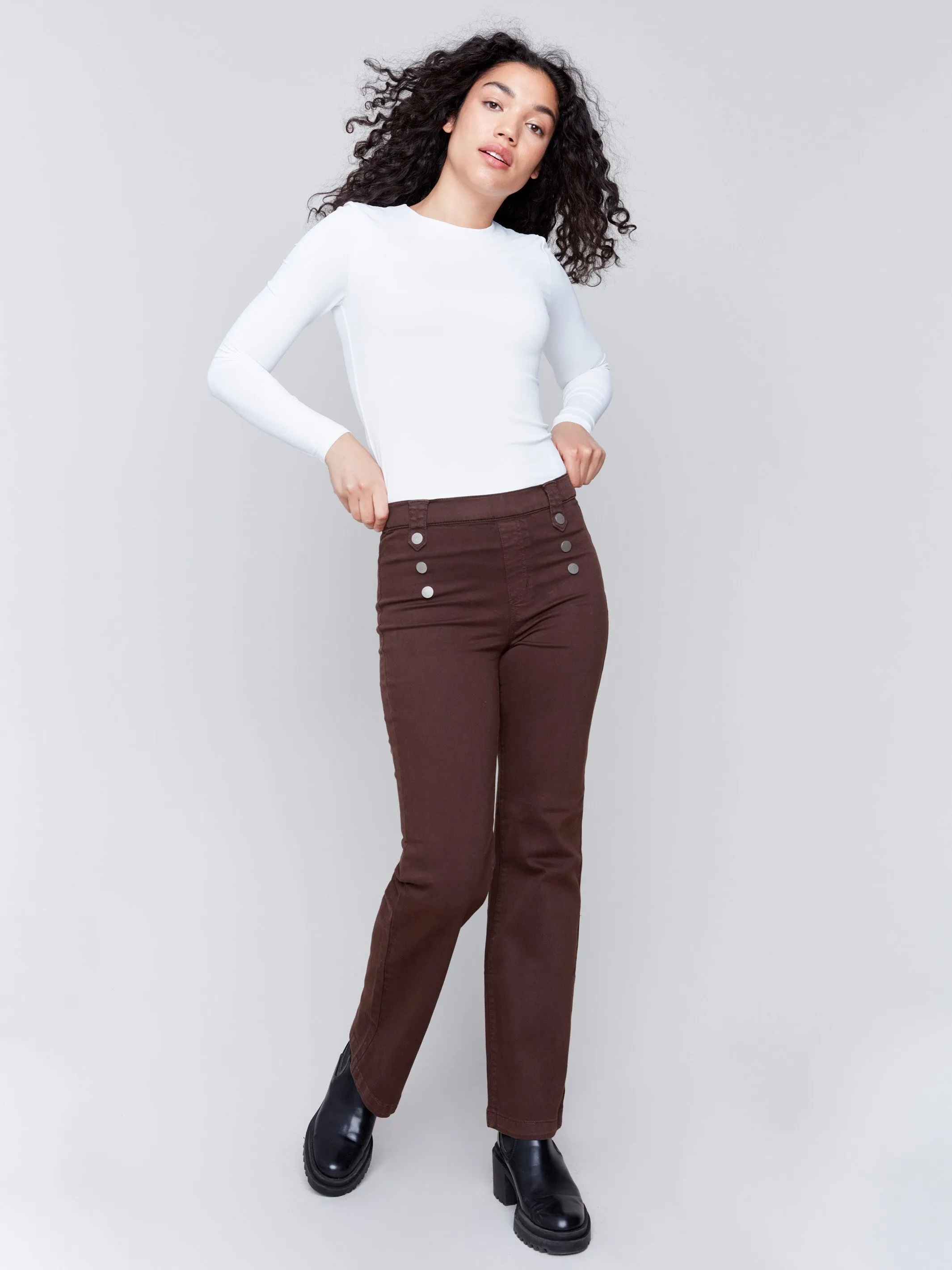 Pull-On Flare Twill Pants with Front Buttons - Mocha