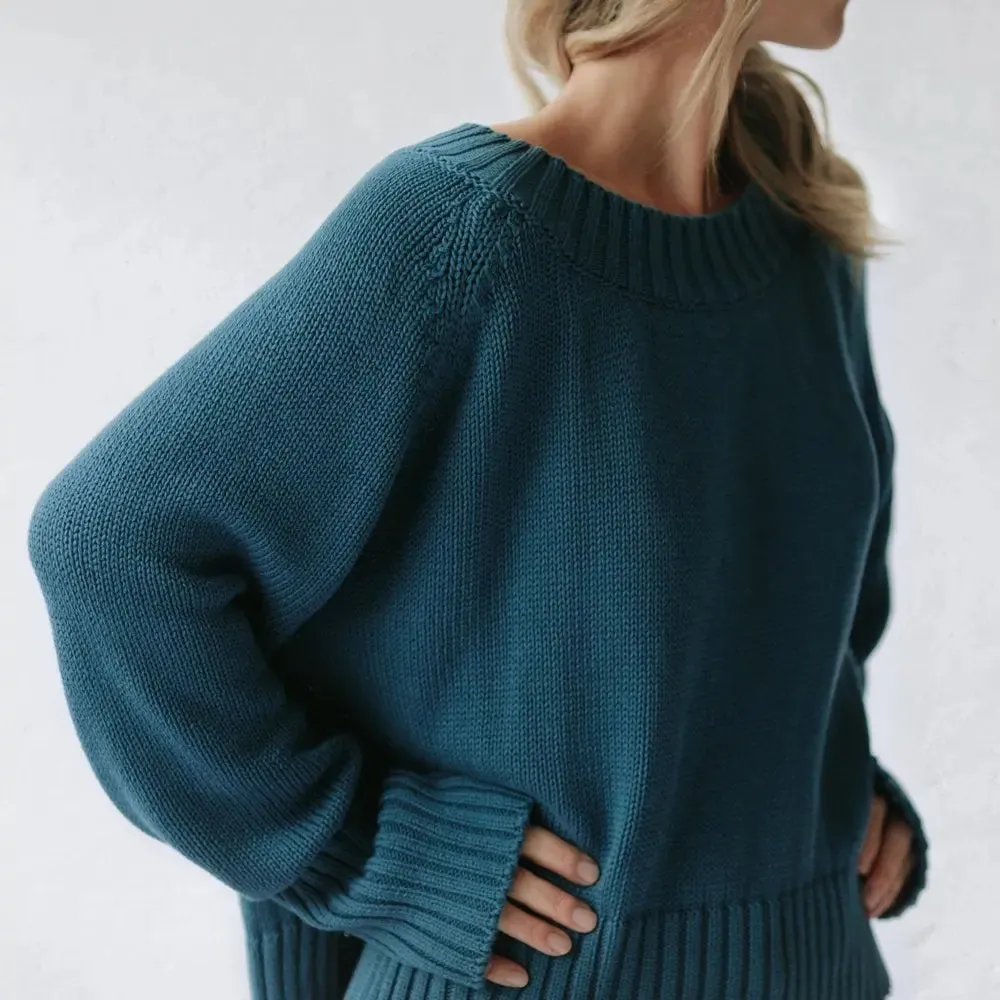 Recycled cotton boatneck sweater in blue by Seaside Tones