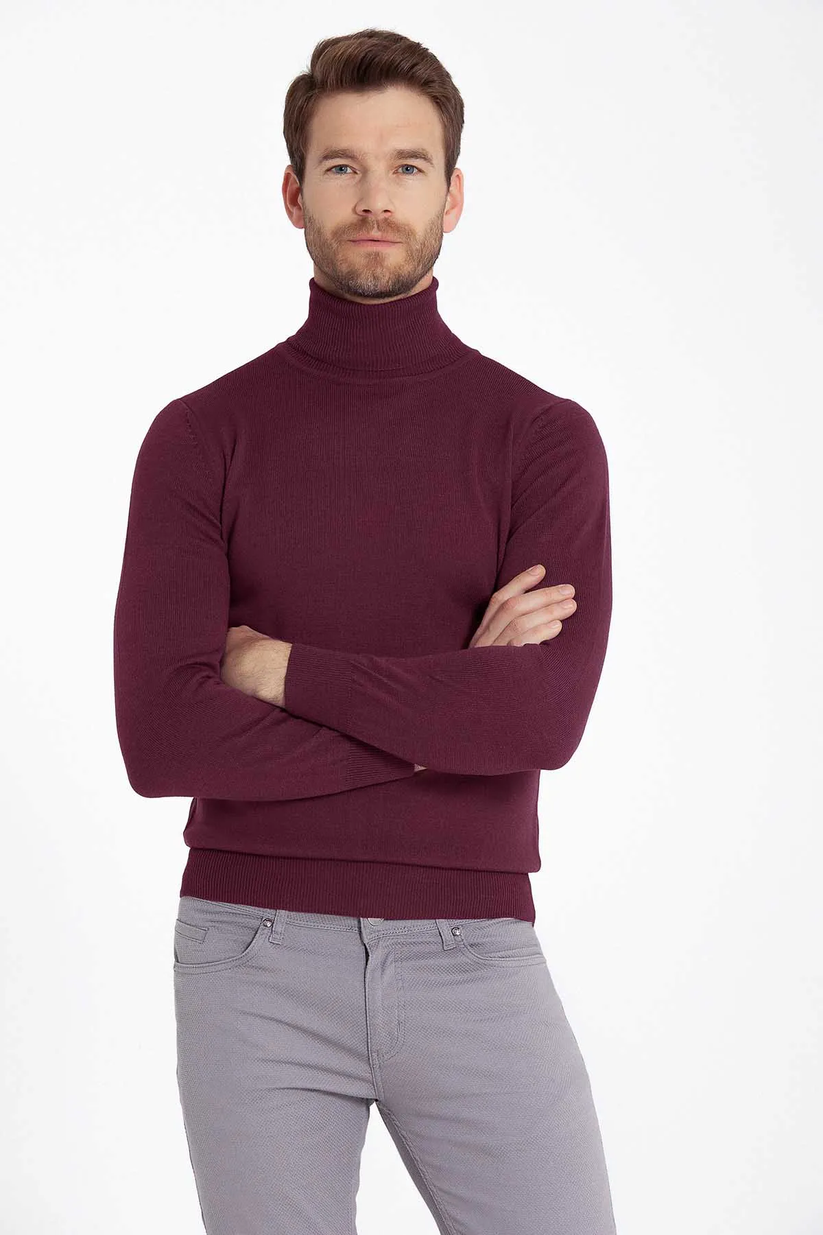 Regular Fit Basic Plain Plum Turtleneck Sweater