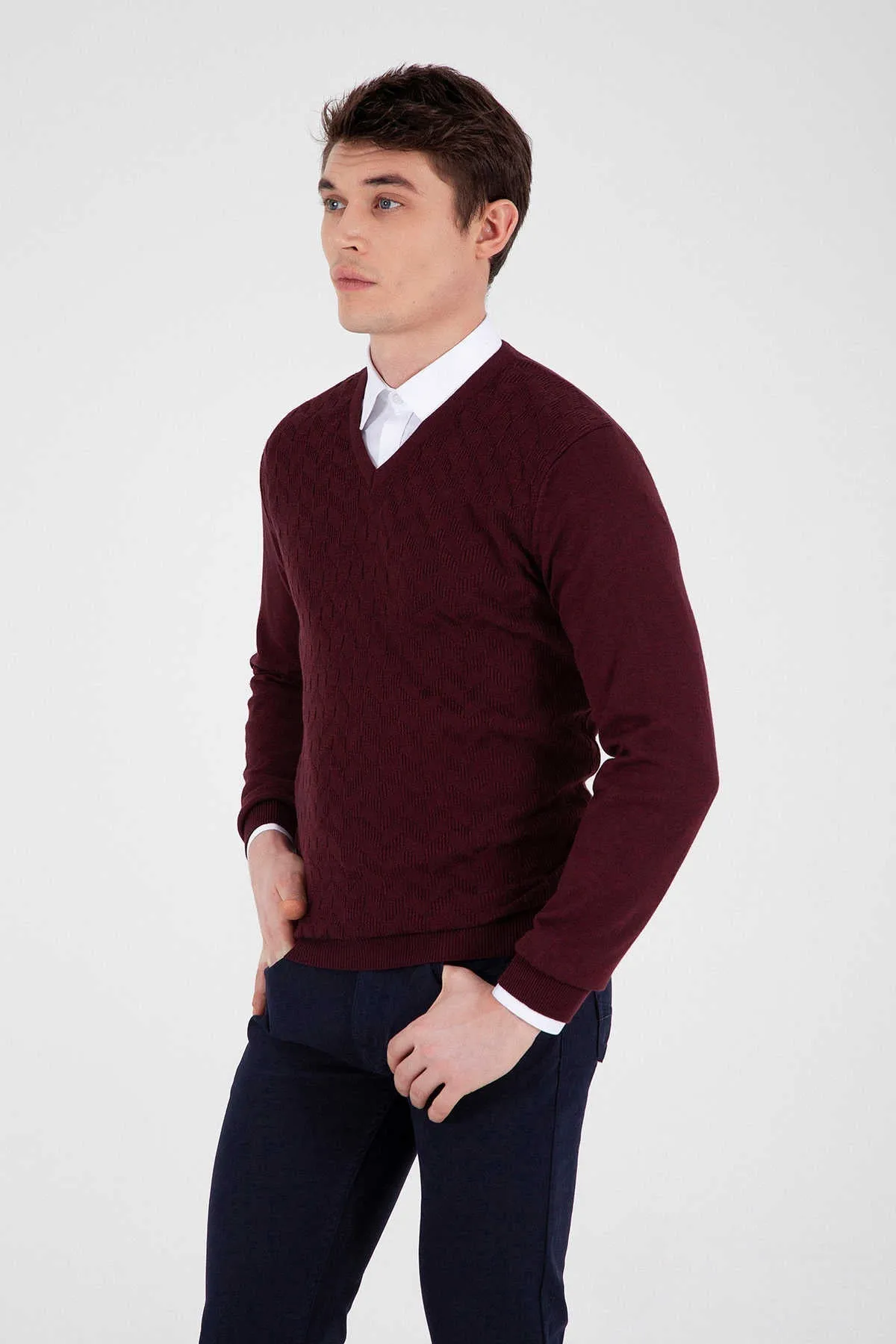 Regular Fit Cotton Blend Burgundy V-Neck Sweater