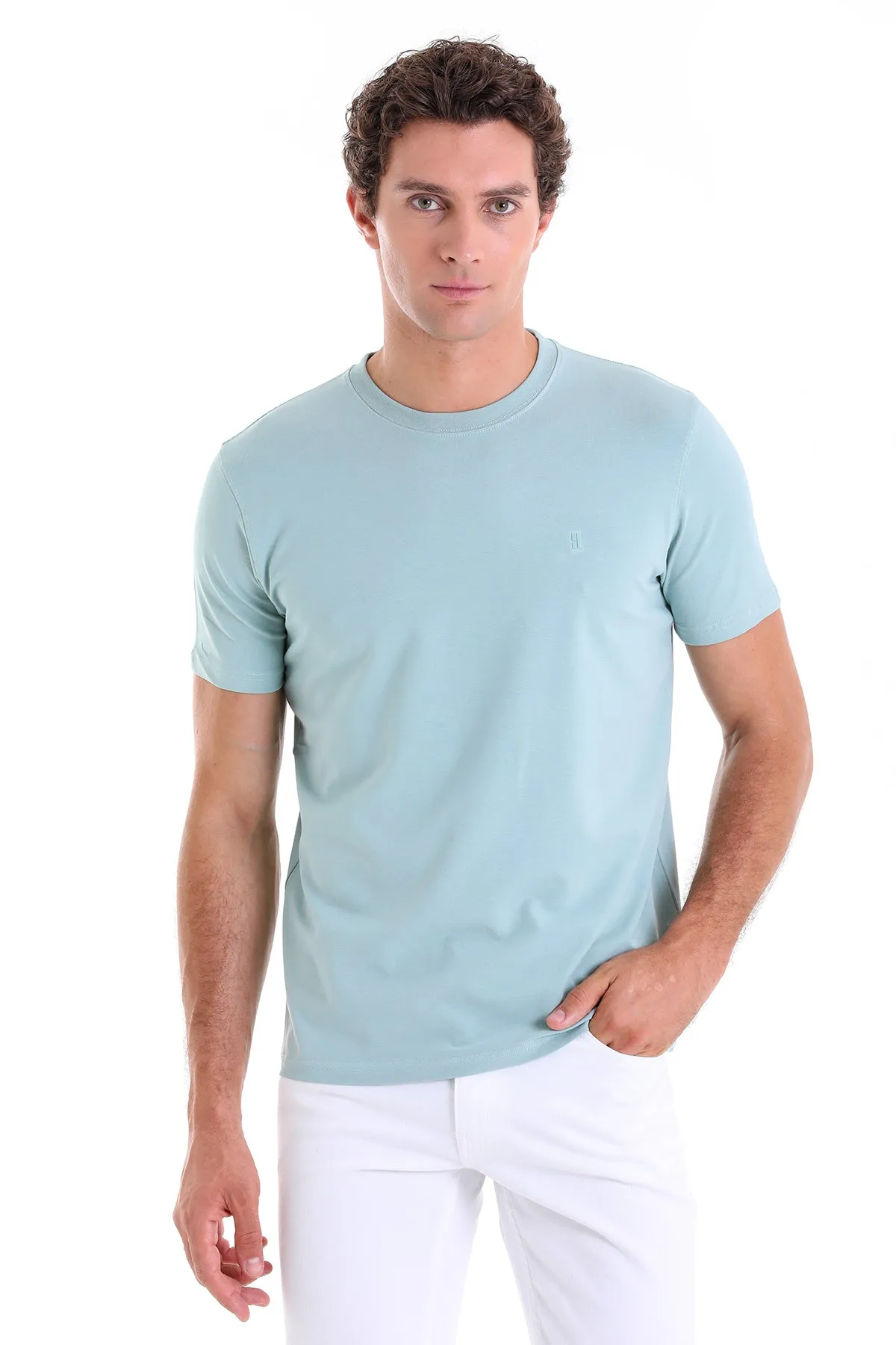 Regular Fit Cotton Blend Mint Crewneck T-Shirt