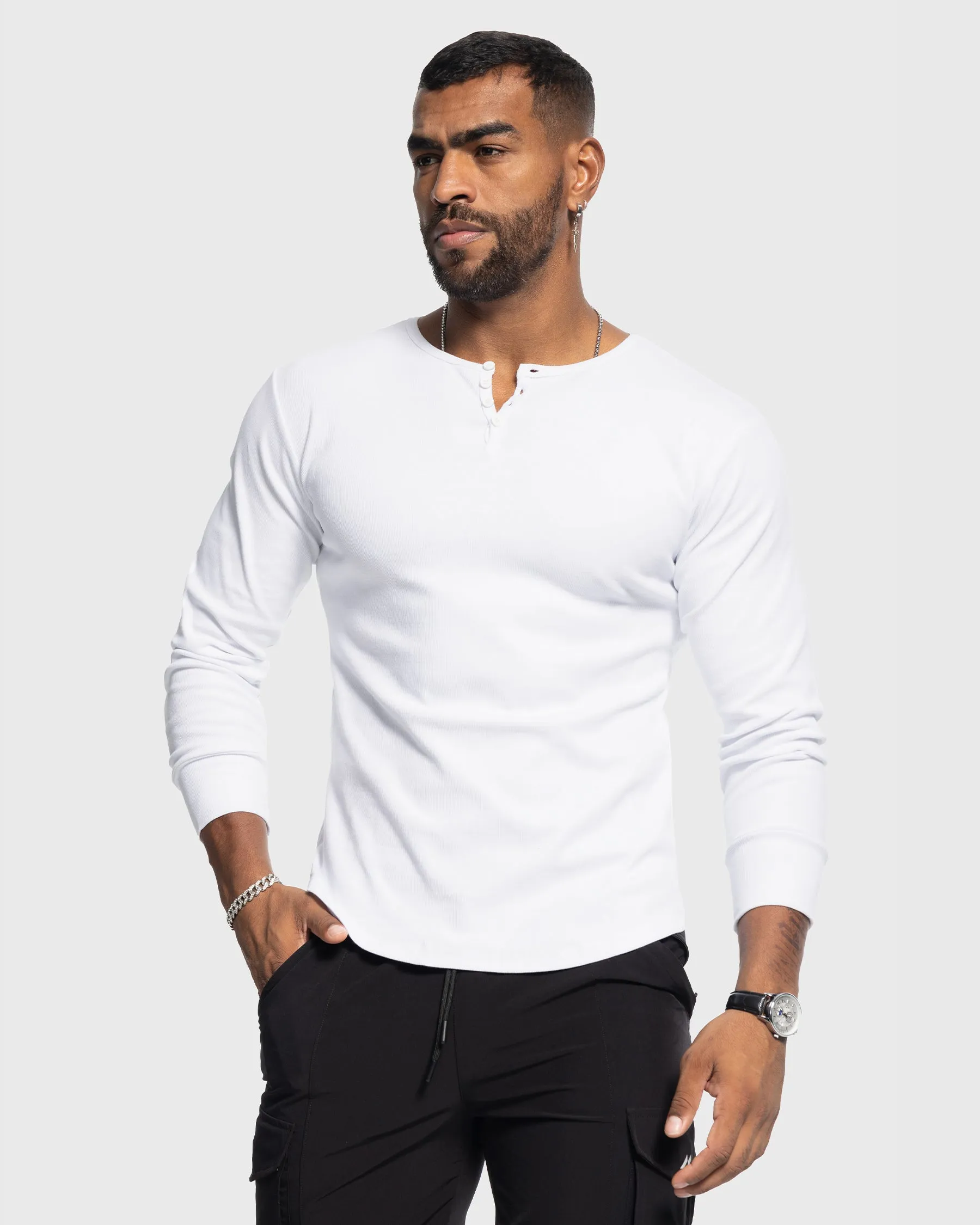 Rib Knit Curved Hem Long Sleeve Henley Shirt