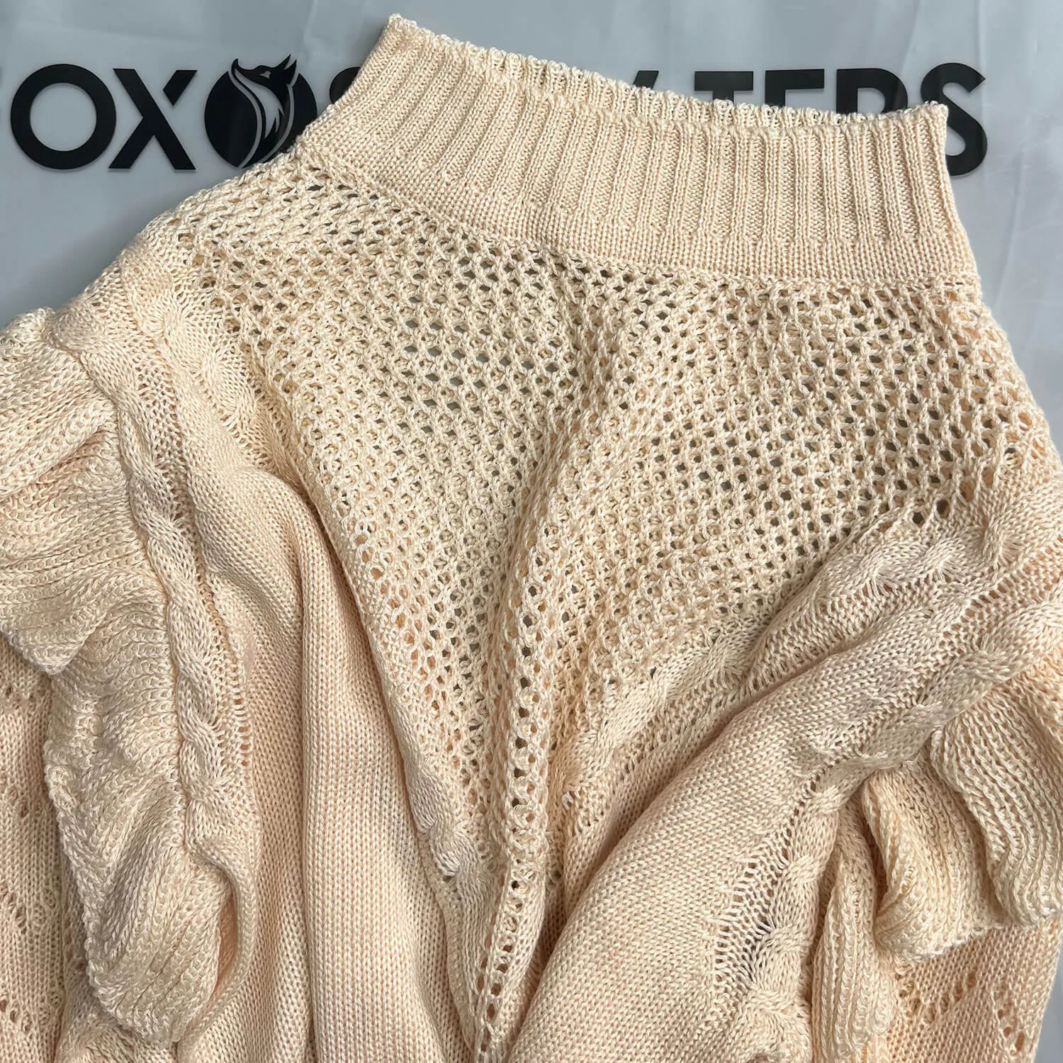 Romantic Frill Puff Sleeve Crew Neck Khaki Pointelle Open Knit Cropped Sweater