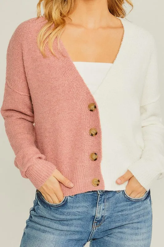 Rose Color Block Sweater Cardigan