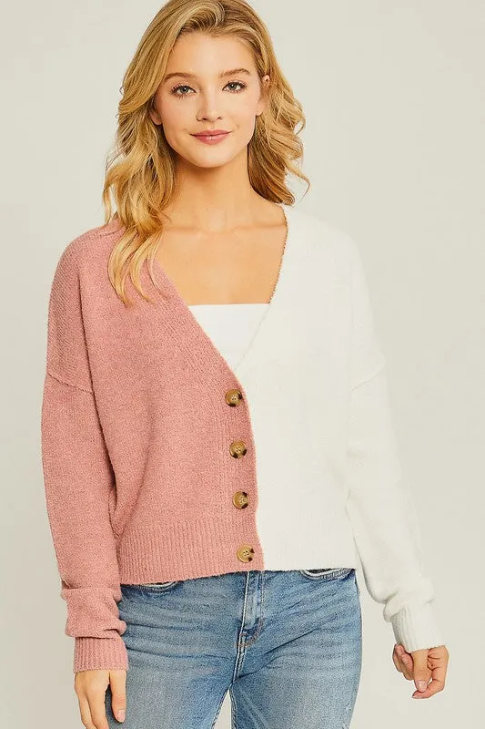 Rose Color Block Sweater Cardigan