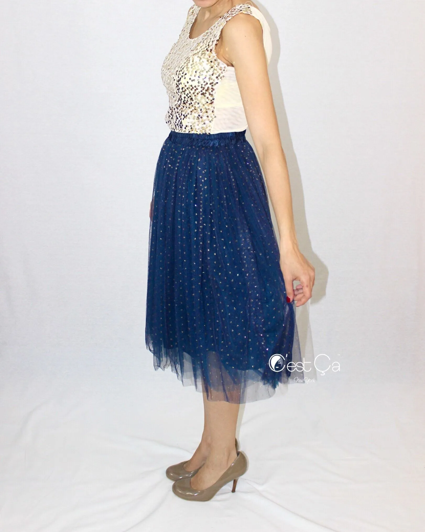 Selma Navy Polka Dot Tulle Skirt - Midi