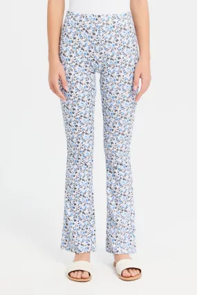 Senior Girls White And Blue Floral Print Flared Leggings