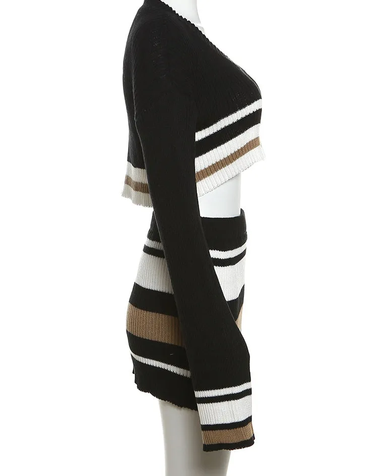 Sexy 2pc Black White & Brown Knit Crop Sweater & Skirt Set