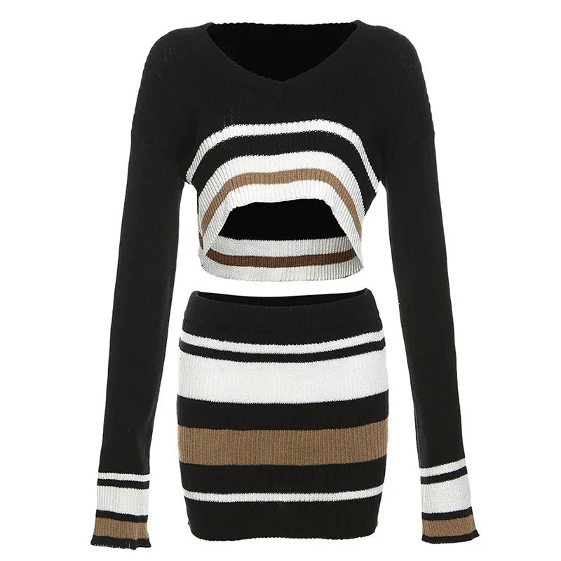 Sexy 2pc Black White & Brown Knit Crop Sweater & Skirt Set