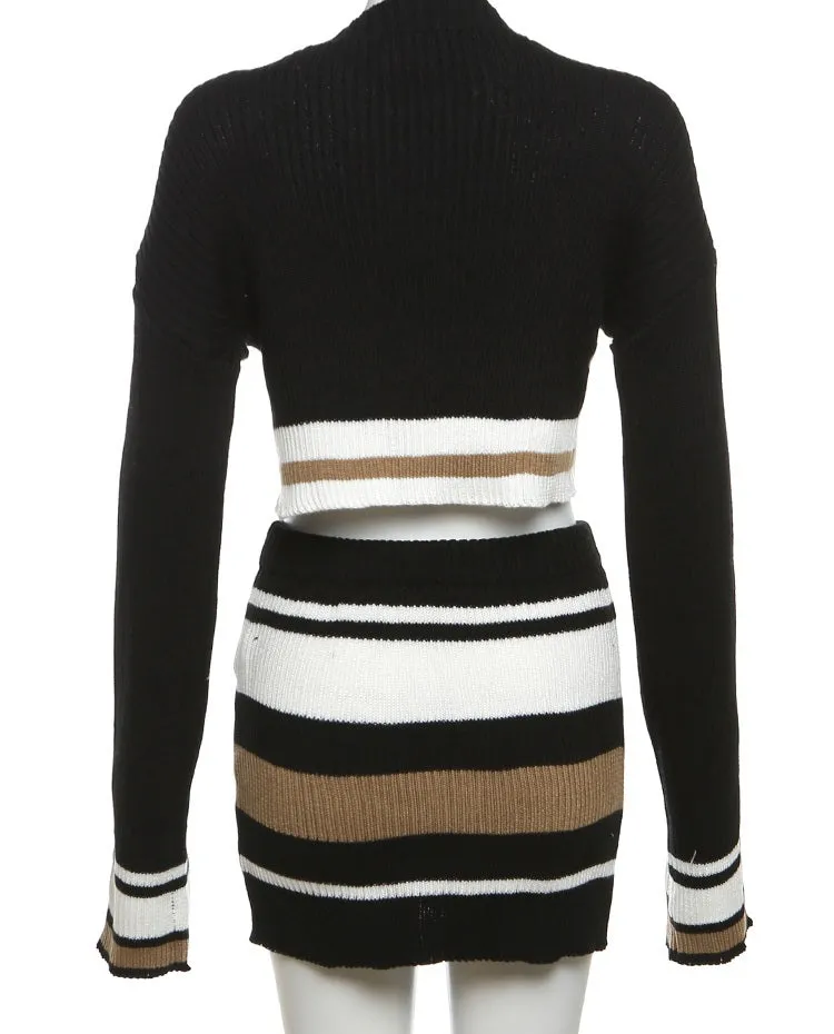 Sexy 2pc Black White & Brown Knit Crop Sweater & Skirt Set