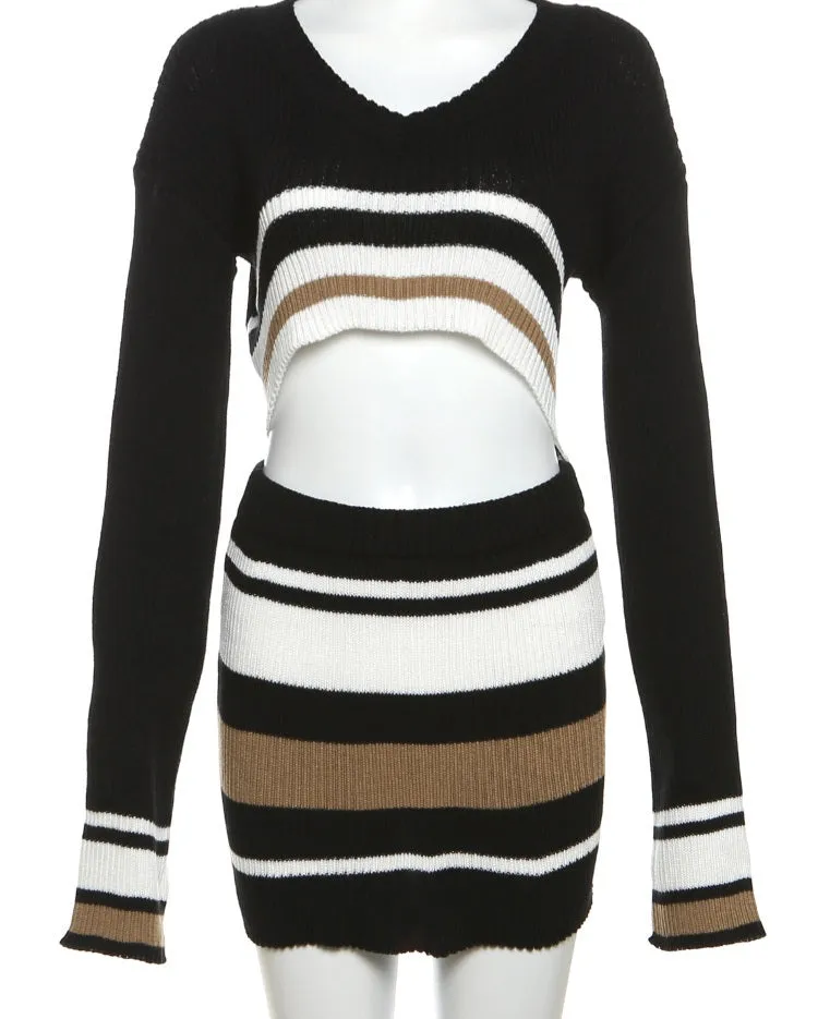 Sexy 2pc Black White & Brown Knit Crop Sweater & Skirt Set