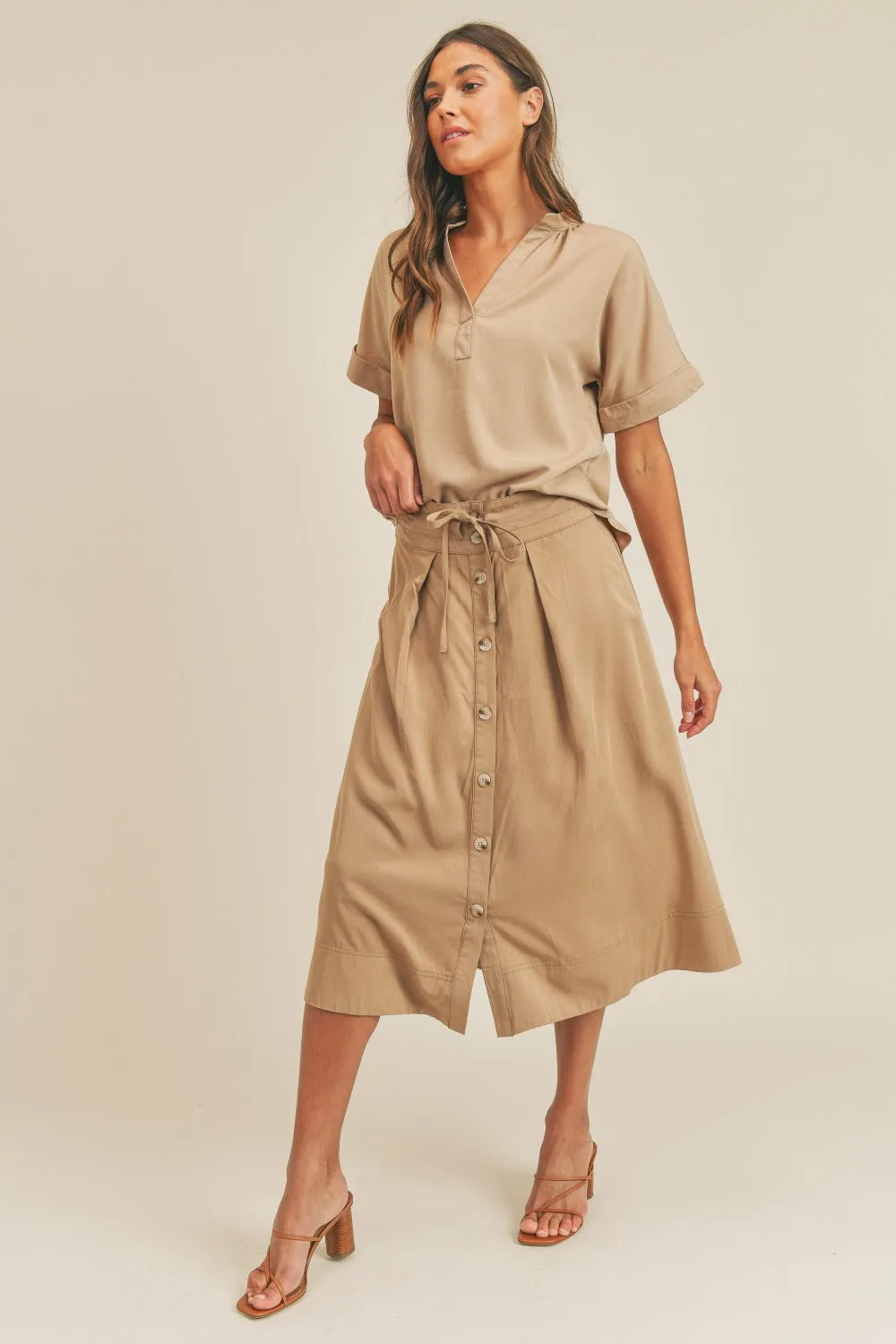 Short Sleeve Top and Button Down Midi Skirt Set